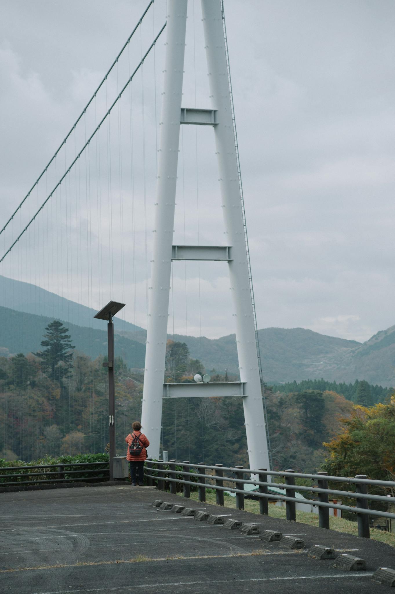 Traveler explores a scenic suspension bridge surrounded by Japan's lush mountains.
